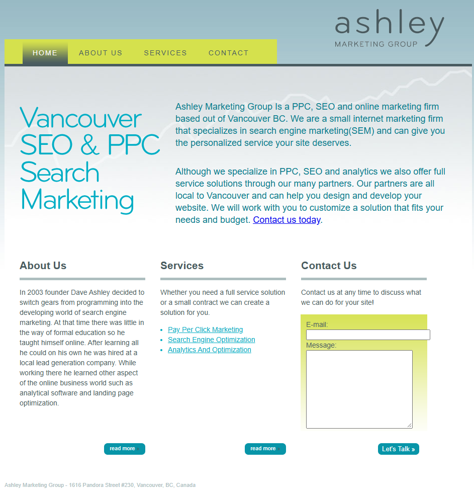 Screenshot of the first Ashley Marketing Group website, advertising Vancouver SEO and PPC search marketing