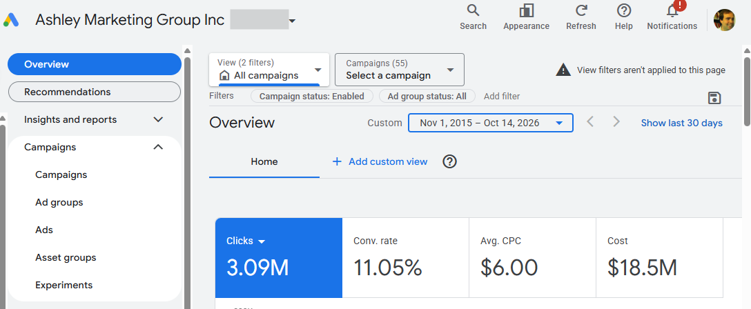 Google Ads overview for Ashley Marketing Group Inc, Nov 1, 2015 to Oct 14, 2026: 3.09M clicks, 11.05% conversion rate, $6.00 average CPC, $18.5M cost.